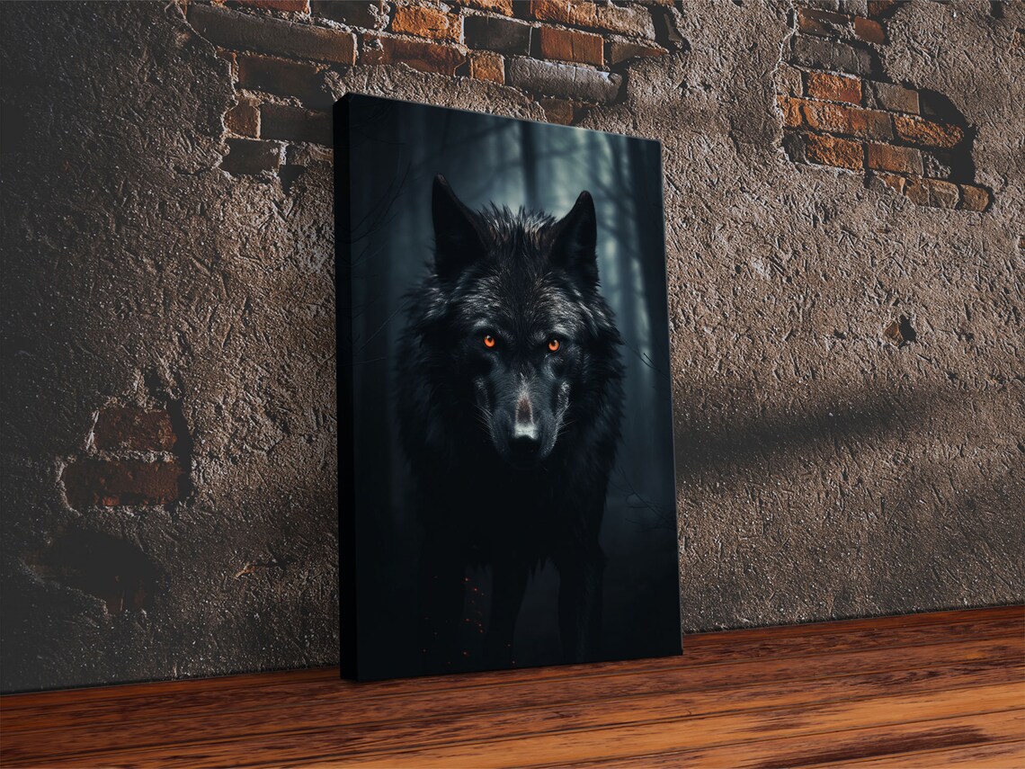 Red Eyed Wolf Print, Black Wolf On The Hunt - Image 4
