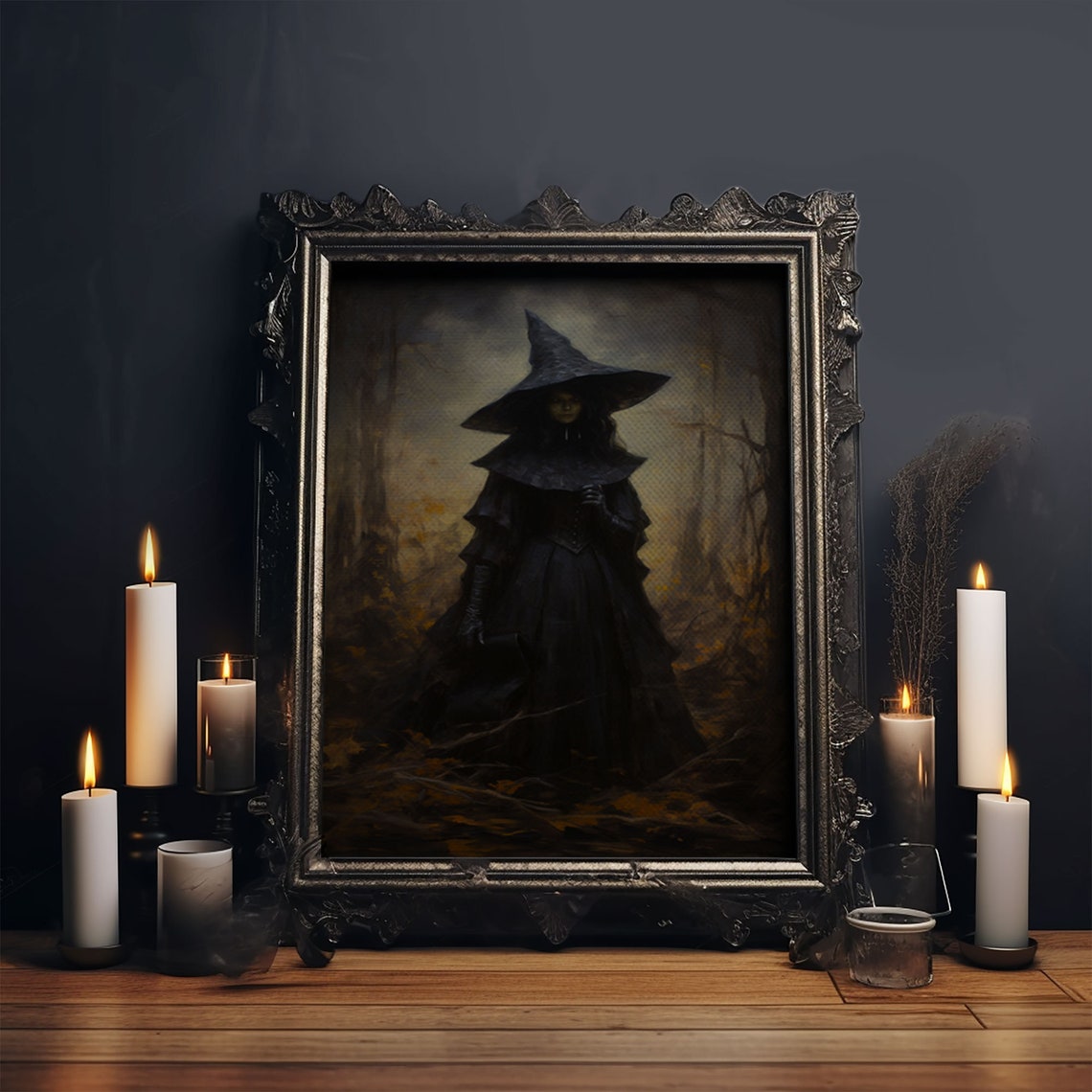 Gothic Witch Standing In Misty Autumn Forest Vintage Halloween Print - Image 4
