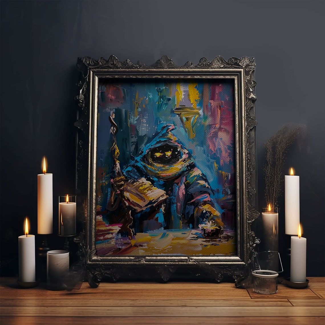 Dark Wizard Reading Spell Book Abstract Colorful Oil Style Art Poster - Image 5