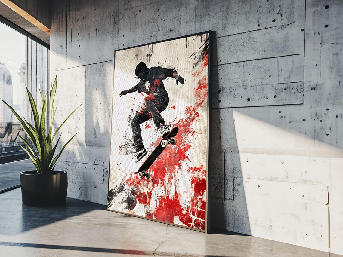 Skateboarder Mid Air Trick Red Splatter Grunge Urban Skate Art Poster - Image 4
