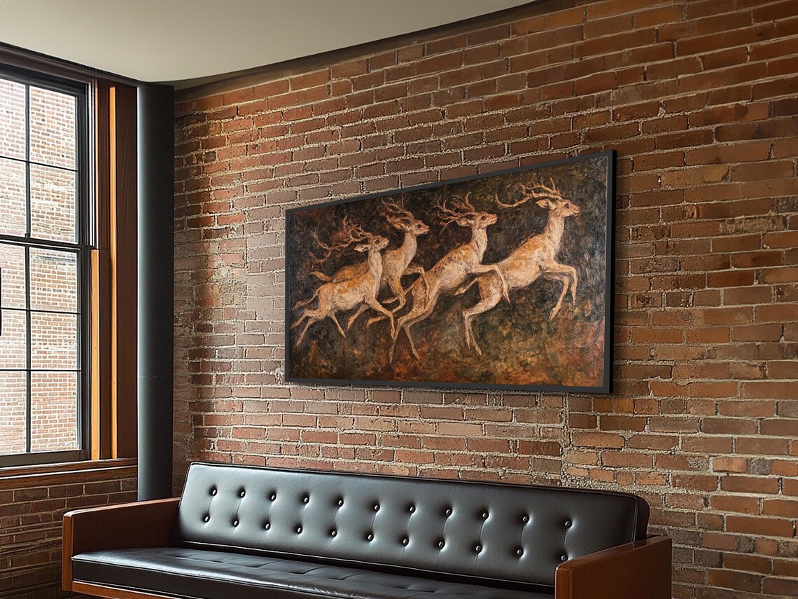 Leaping Stags Forest Herd 19th Century Folk Art Oil Painting Wall Poster - Image 6
