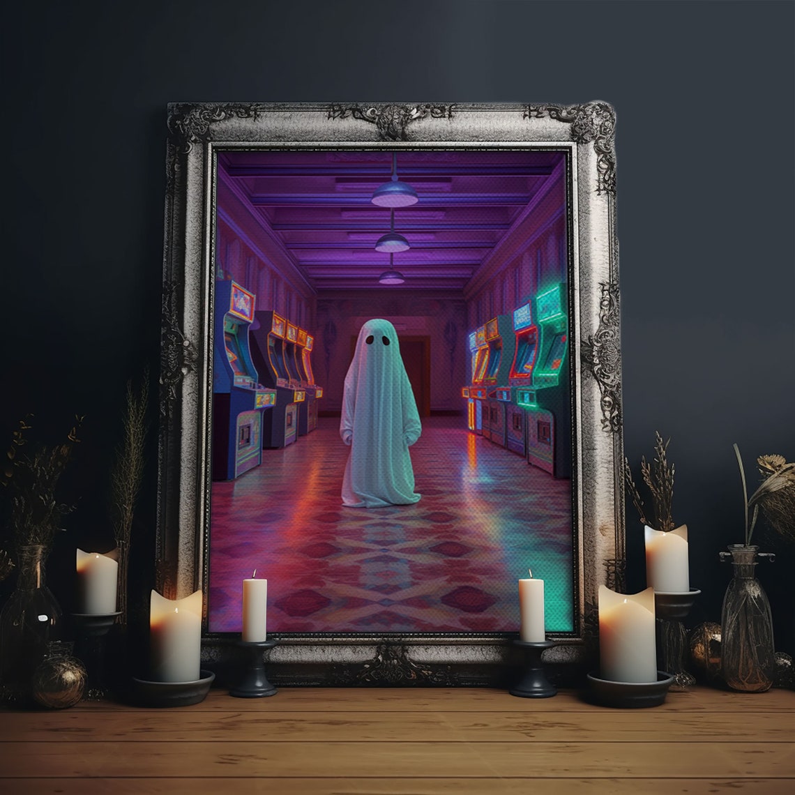 Lonely Ghost In Neon Retro Arcade Hallway Vaporwave Halloween Print - Image 6
