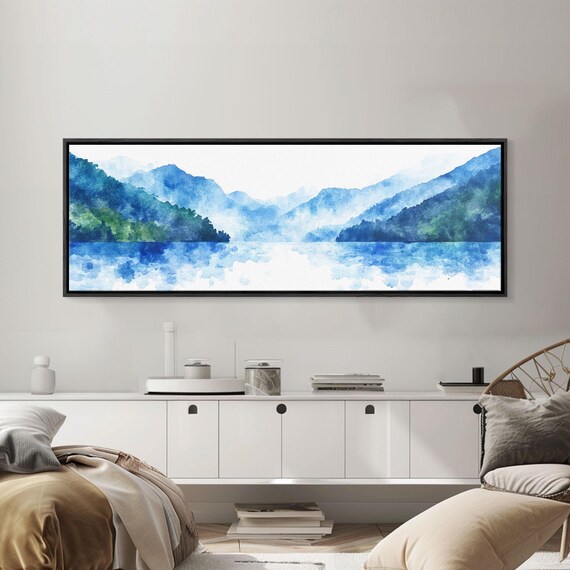 Reflections Foggy Mountain Morning Watercolor Painting Print Wood Framed Wall Art Panoramic Painting