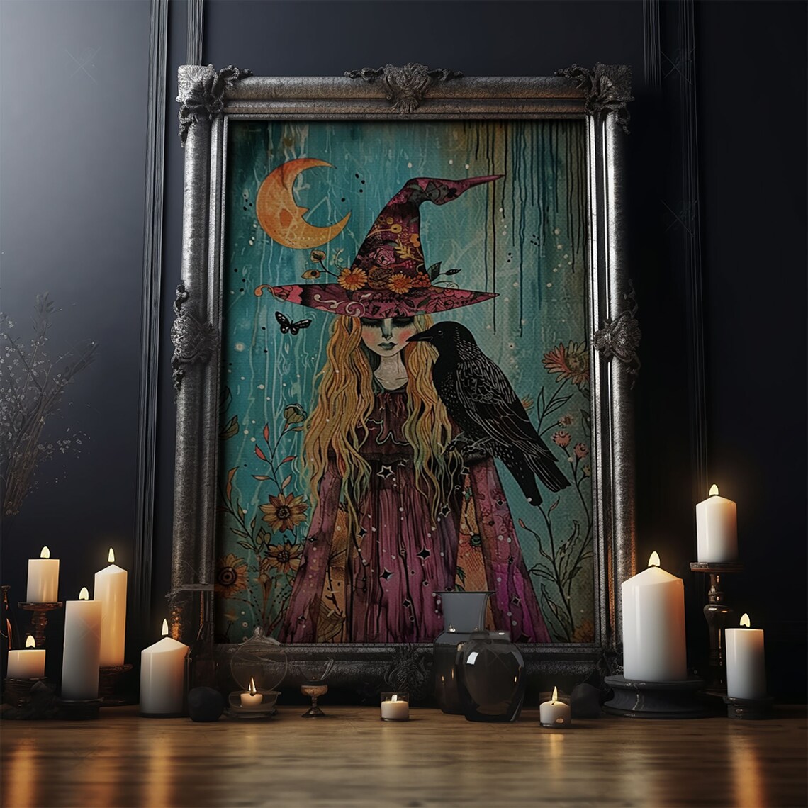 Witch With Crow In Magical Forest Crescent Moon Illustration Poster - Image 5