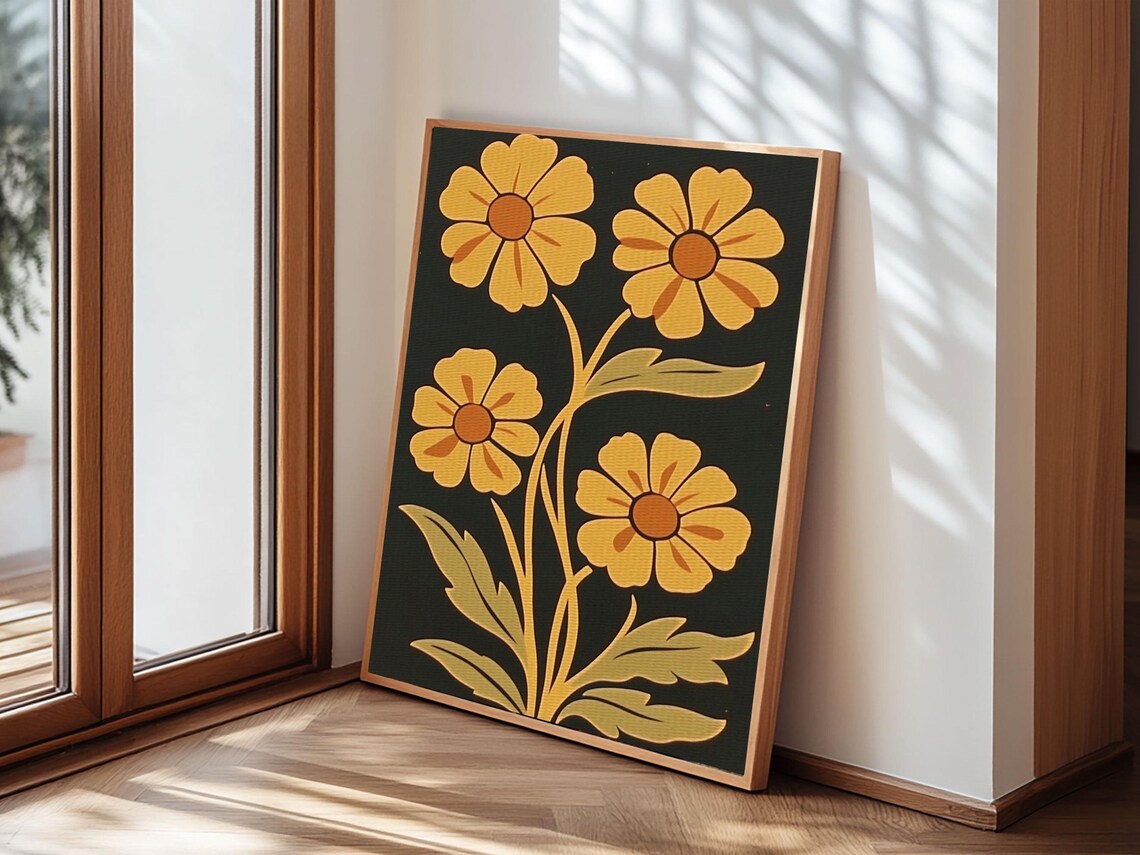Yellow Daisy Flowers Dark Background Retro Minimalist Floral Art Print
