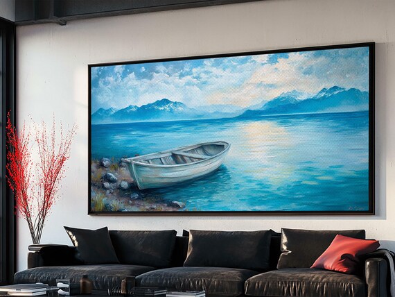 White Boat Turquoise Mountain Lake Blue Waters Coastal Wall Poster