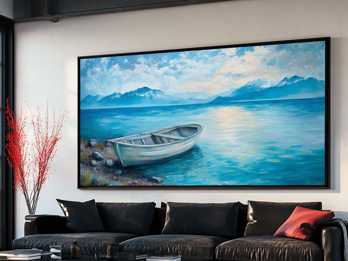 White Boat Turquoise Mountain Lake Blue Waters Coastal Wall Poster