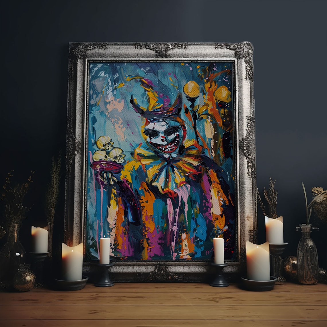 Grinning Horror Clown Skulls Abstract Neon Color Horror Art Poster