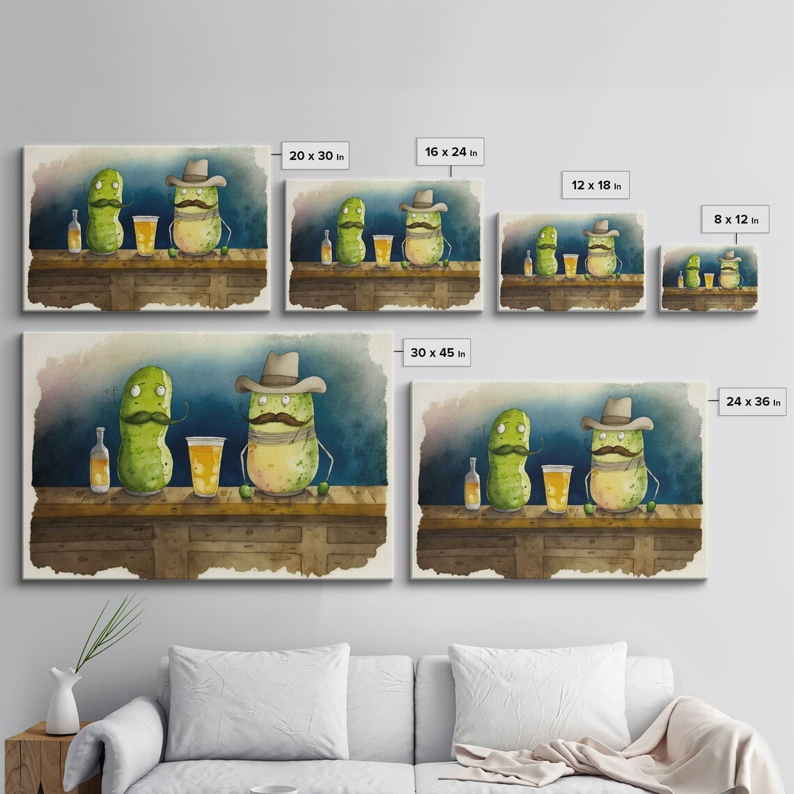 Funny Pickles At Bar Mustache Cowboy Hat Beer Watercolor Humor Poster - Image 2