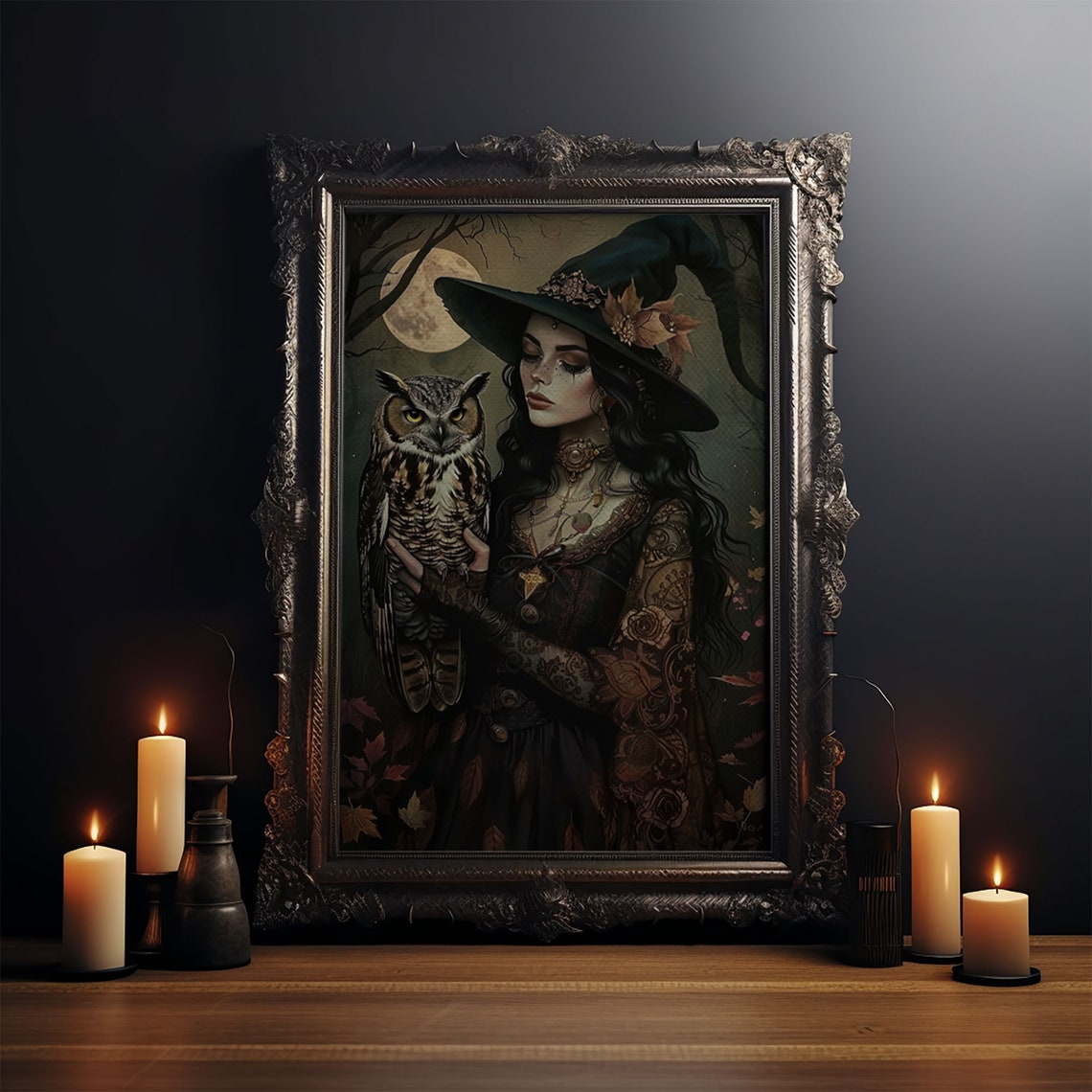 Witch Holding Great Horned Owl Under Full Moon Autumn Night Poster - Image 4