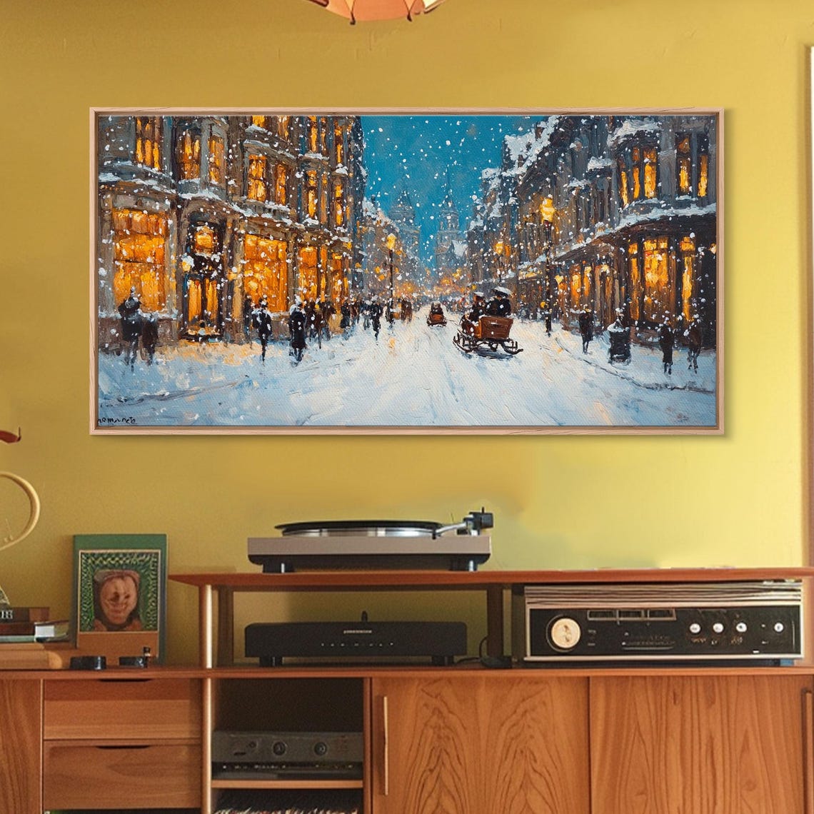 Large Framed Print Winter Wonderland Snowy City Street Art With Horse Carriage Perfect Christmas Home Decor Holiday Wall Art - Image 3