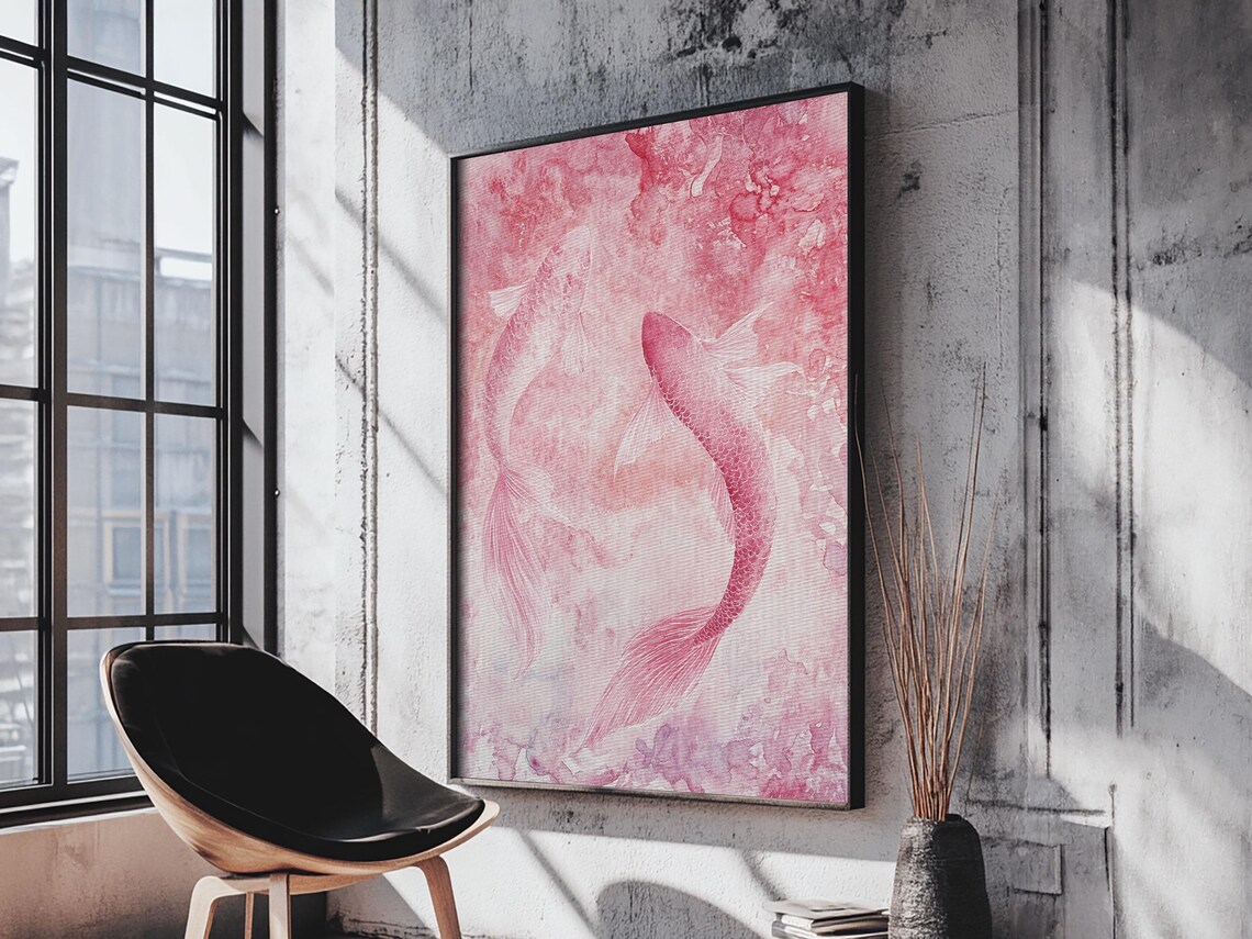 Two Pink Koi Fish Watercolor Zen Japanese Minimalist Art Print - Image 4