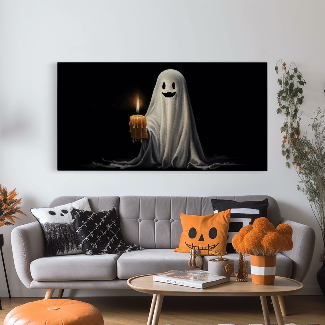 Smiling Ghost Holding Melting Candle On Black Background Poster - Image 5