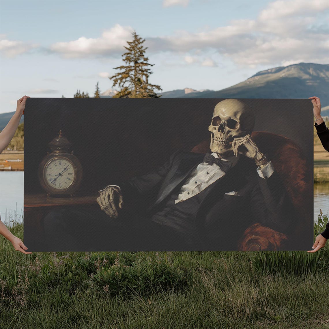 Dapper Skeleton Gentleman In Tuxedo With Antique Clock Dark Poster