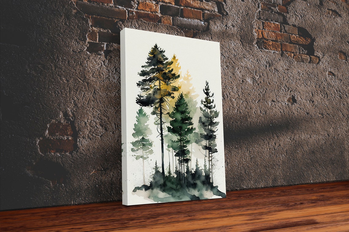 Tall Pine Trees Watercolor Forest Green Nature Minimalist Wall Art