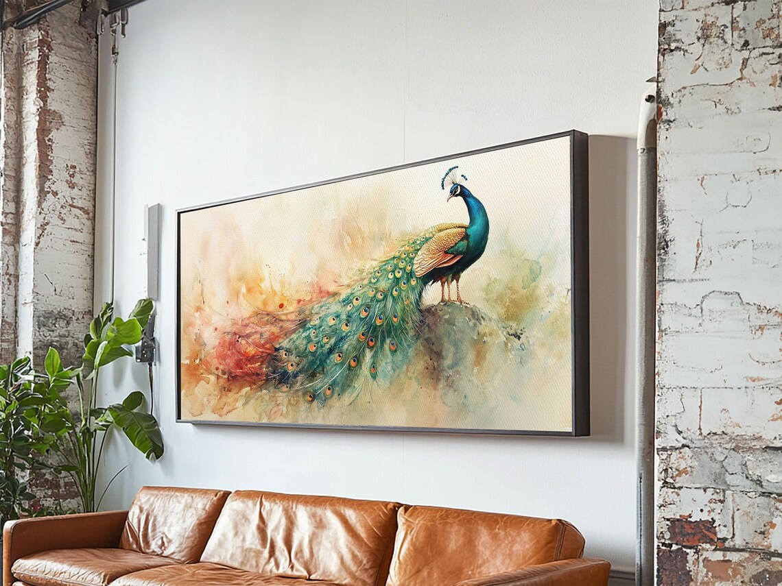 Majestic Peacock Iridescent Tail Warm Watercolor Wildlife Art Poster - Image 4