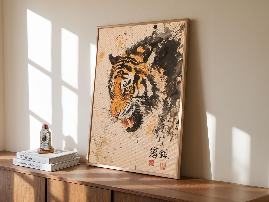 Japanese Ink Tiger Watercolor Roaring Wild Cat Portrait Poster - Image 3