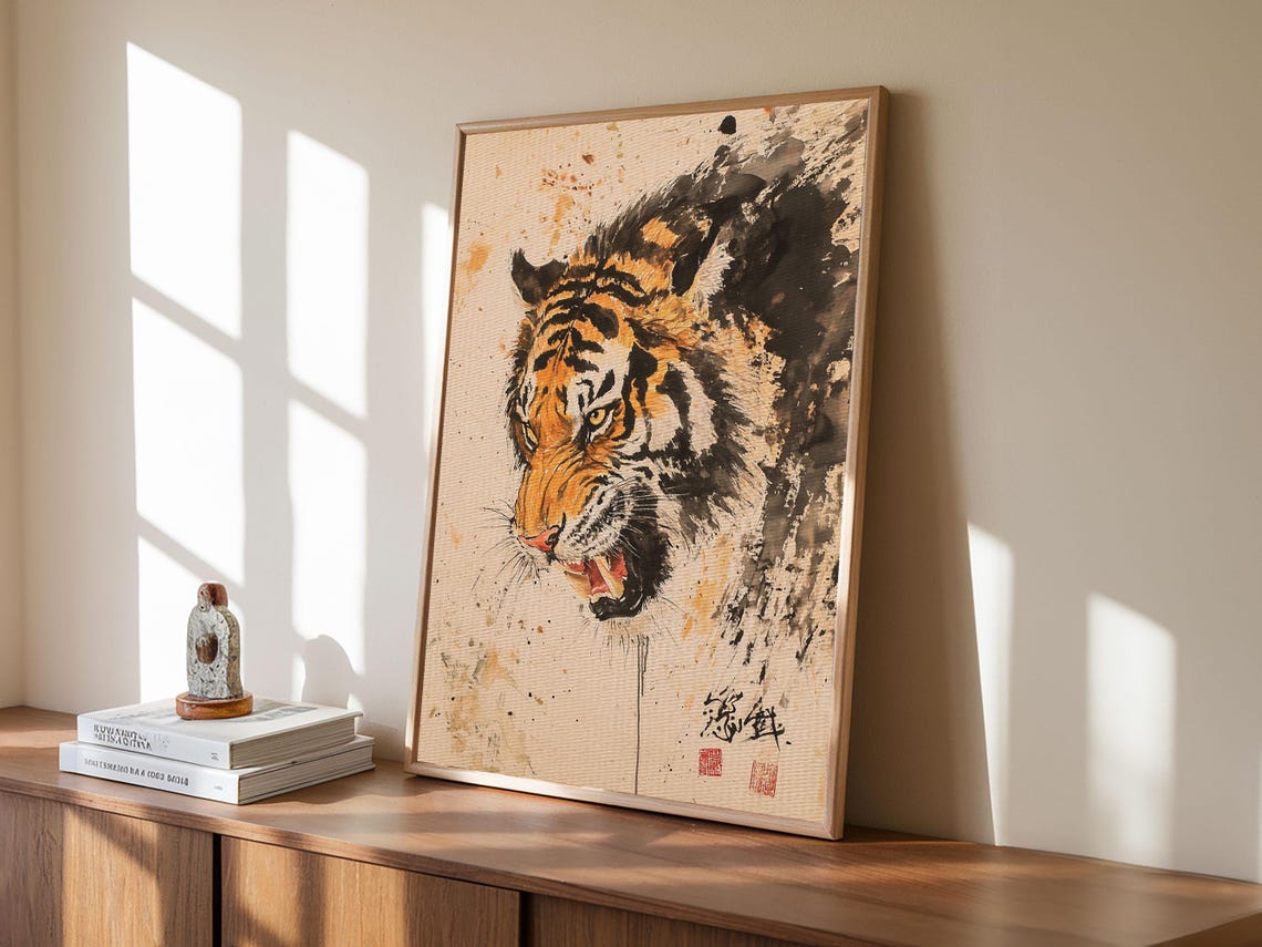 Japanese Style Tiger Painting Print Tiger Roar Wabi Sabi Style Art Animal Prints Tiger Painting Tiger Oil Painting Print - Image 3