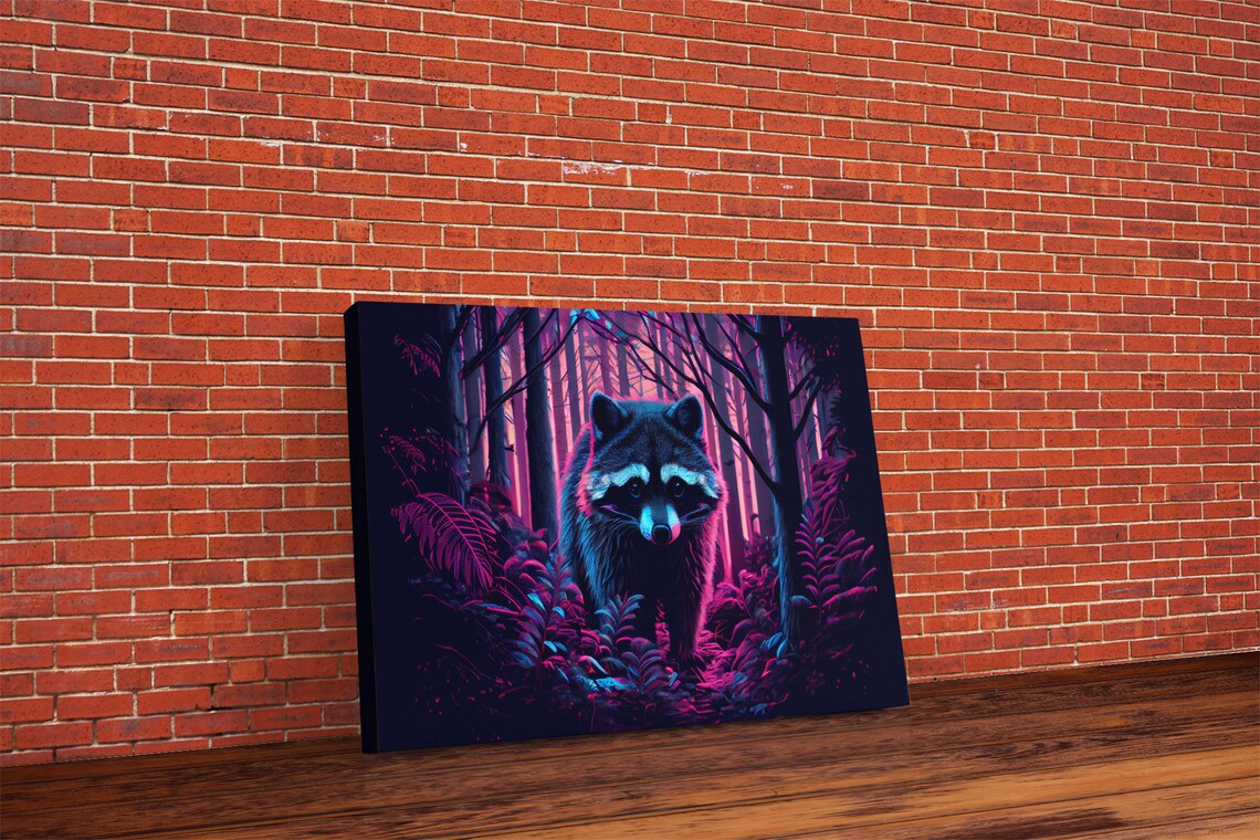 Wildlife Neon Raccoon Night Forest Pink Purple Vaporwave Glow Poster