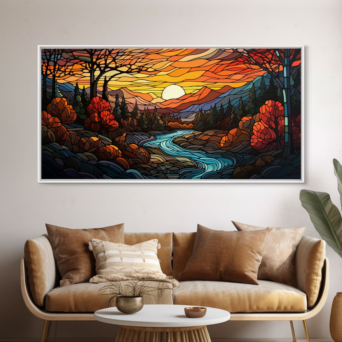 Stained Glass Style Sunset River Mountains Fall Landscape Poster - Image 6