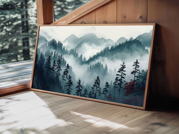 Foggy Mountain Landscape At The Break Of Dawn Framed Print Foggy Landscape Painting Blue Ridge Mountains Painting Print