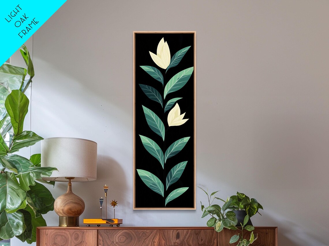 Mid Century Modern Botanical Cream Flowers On Black Art Poster