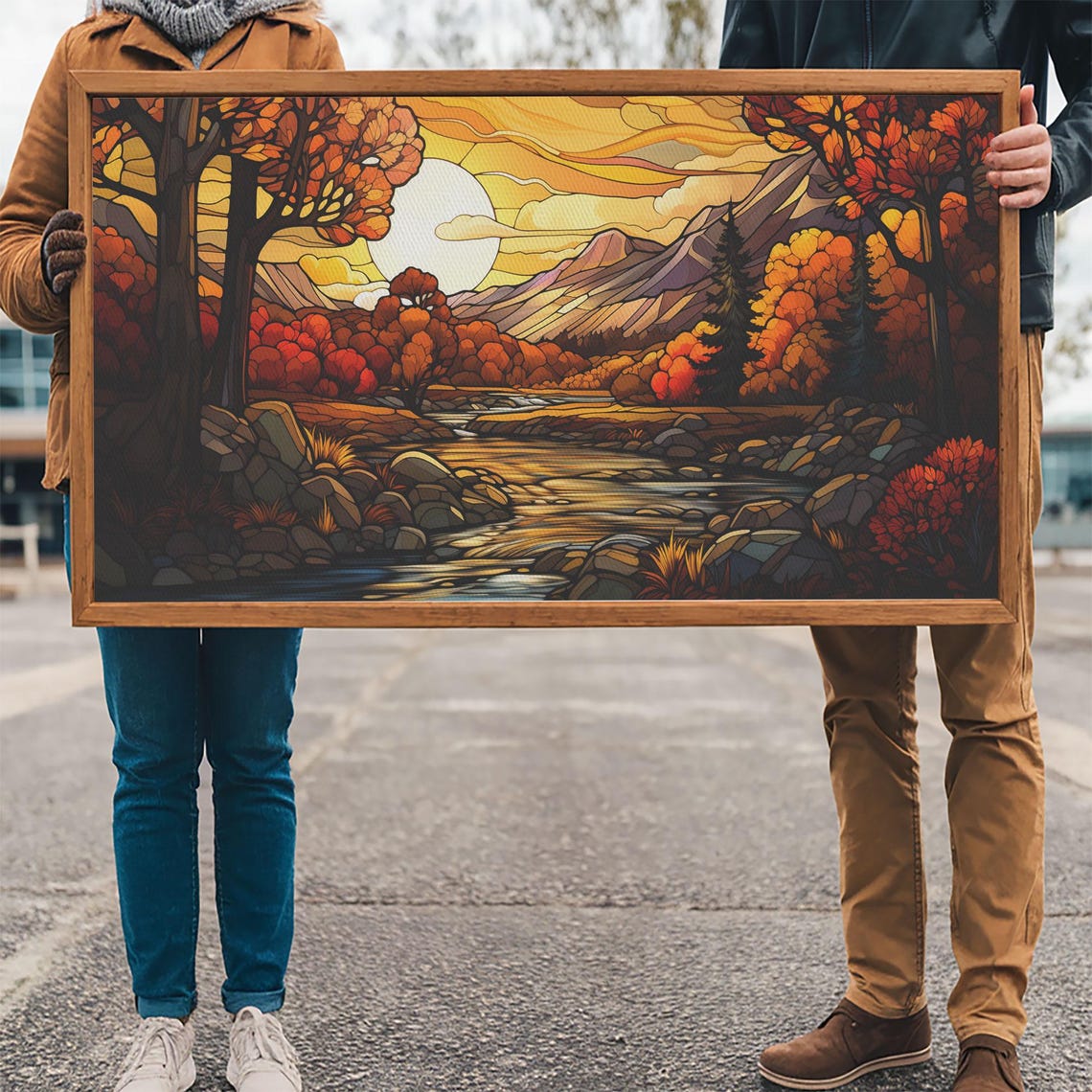 Autumn Fall Stained Glass River Valley Sunset Scenic Art Poster - Image 3