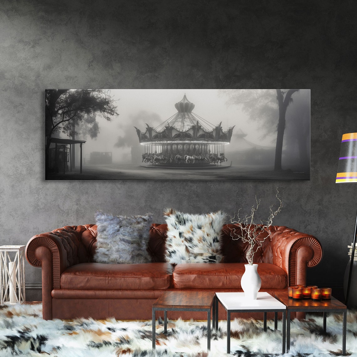 Haunted Carousel In Fog Black And White Spooky Vintage Wall Art - Image 3