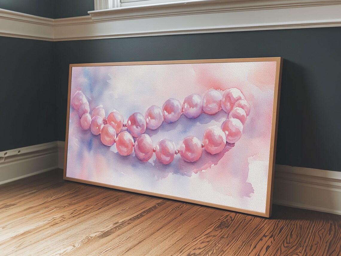 Pink Pearl Necklace Wide Horizontal Soft Watercolor Jewelry Wall Art - Image 3