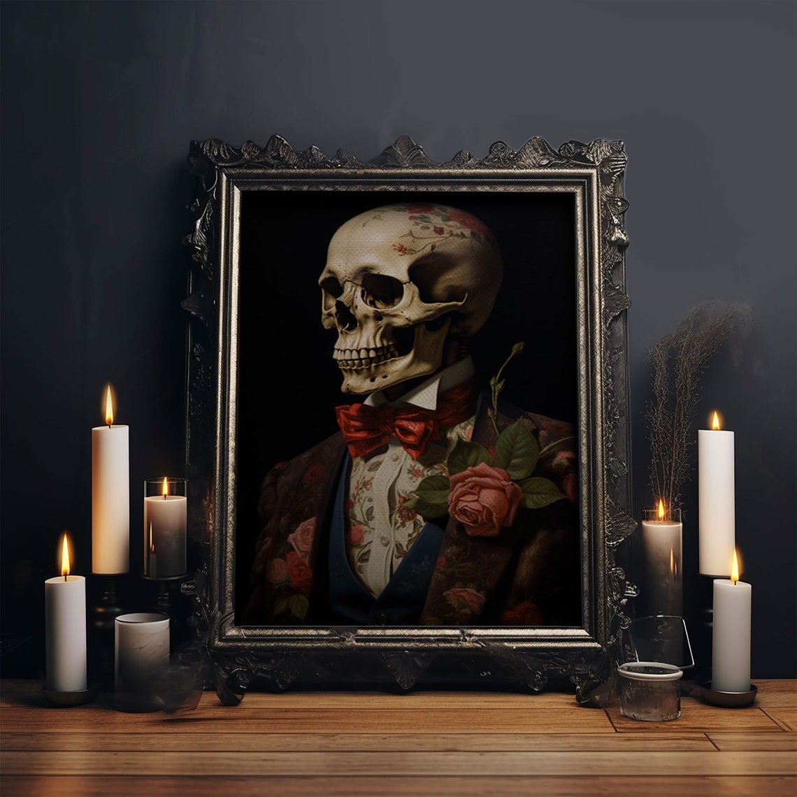 Floral Skeleton Portrait Red Bow Tie Rose Gothic Halloween Art Print - Image 5
