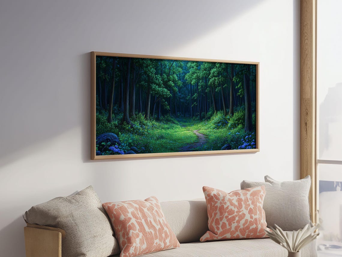 Lush Green Forest Path Wildflowers Tall Trees Landscape Poster - Image 5