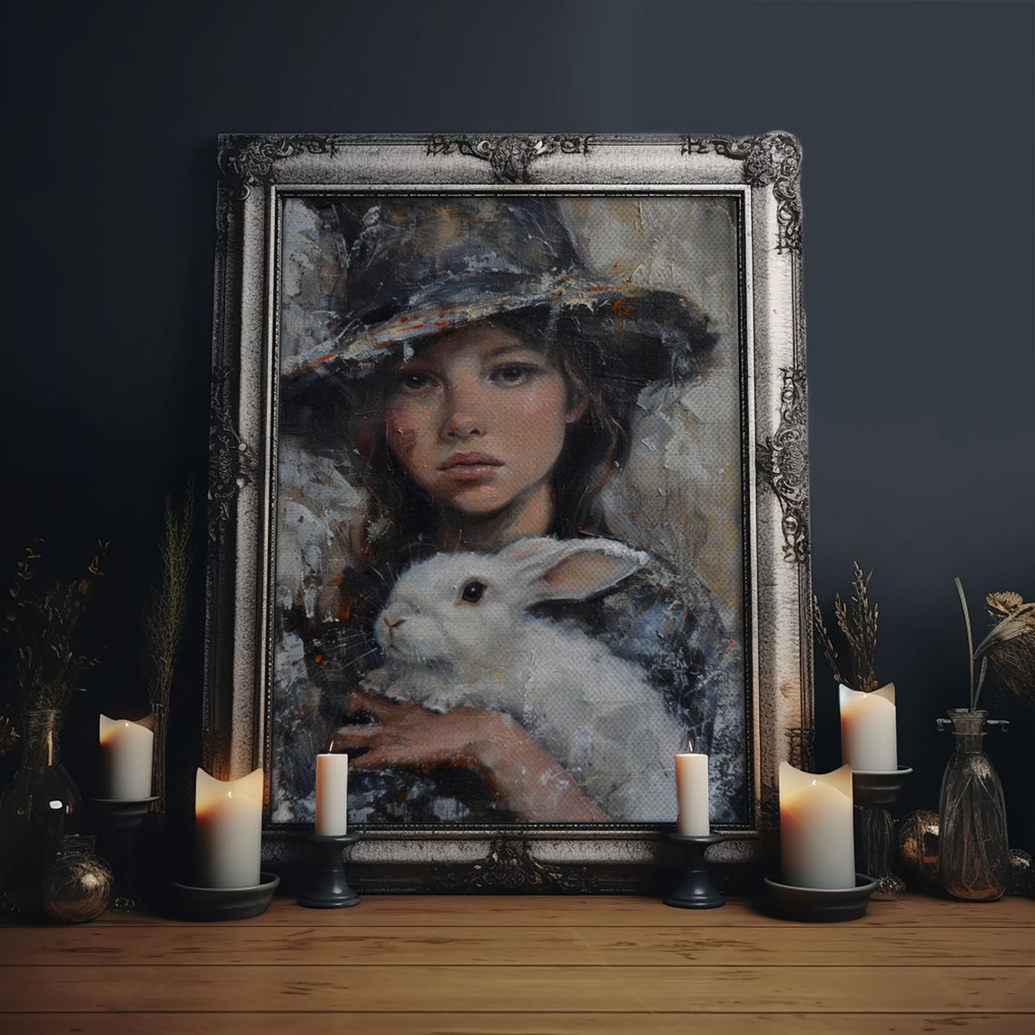 Young Witch Holding White Rabbit Painterly Dark Fantasy Art Poster