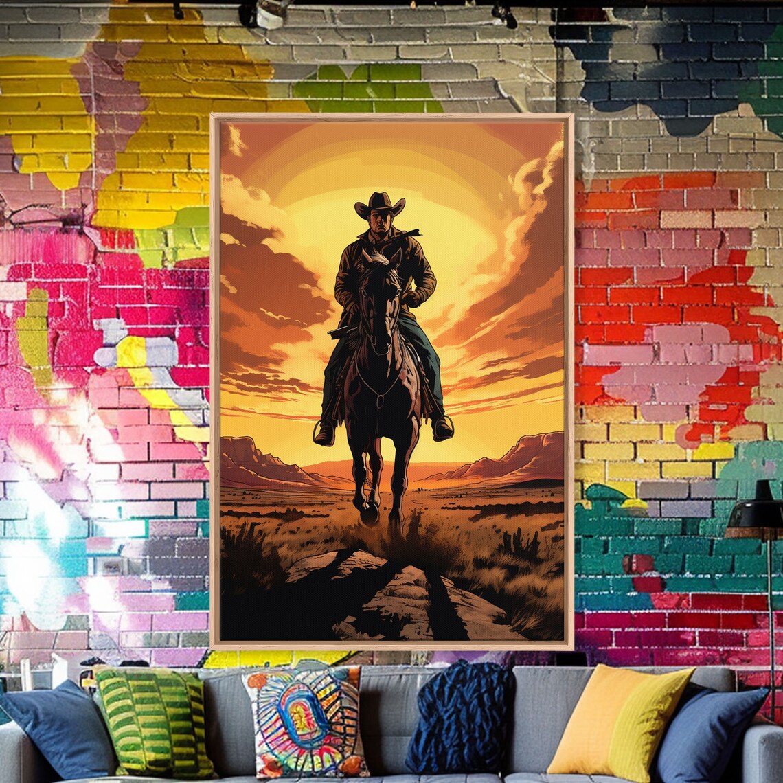 Cowboy Riding Toward Sunset Golden Plains Wild West Art Poster - Image 3