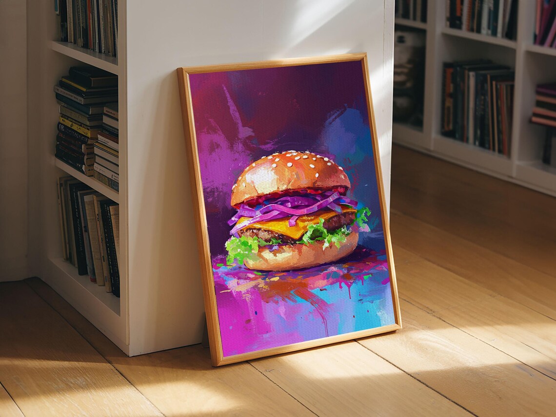 Pop Art Cheeseburger Neon Purple Kitchen Food Painting Art Print - Image 4