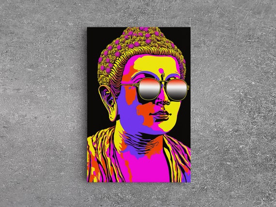 Heatwave Buddha Statue Wearing 80s Style Sunglasses Framed Print Psychedelic Meditation Buddhism Art Art Deco Sunburst Buddha Art