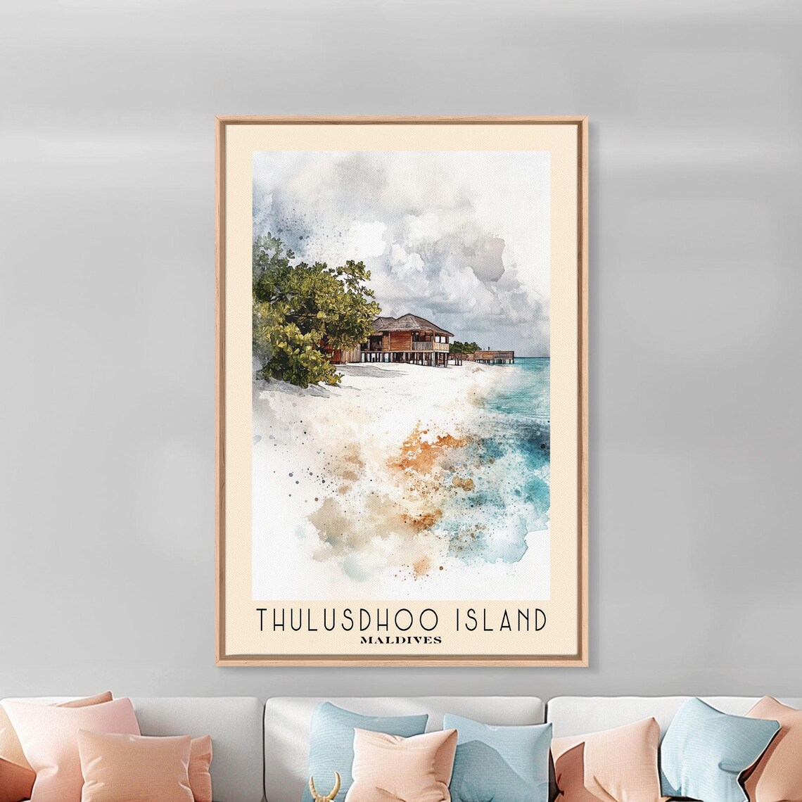 Thulusdhoo Island Maldives Overwater Bungalow Beach Watercolor Poster - Image 2