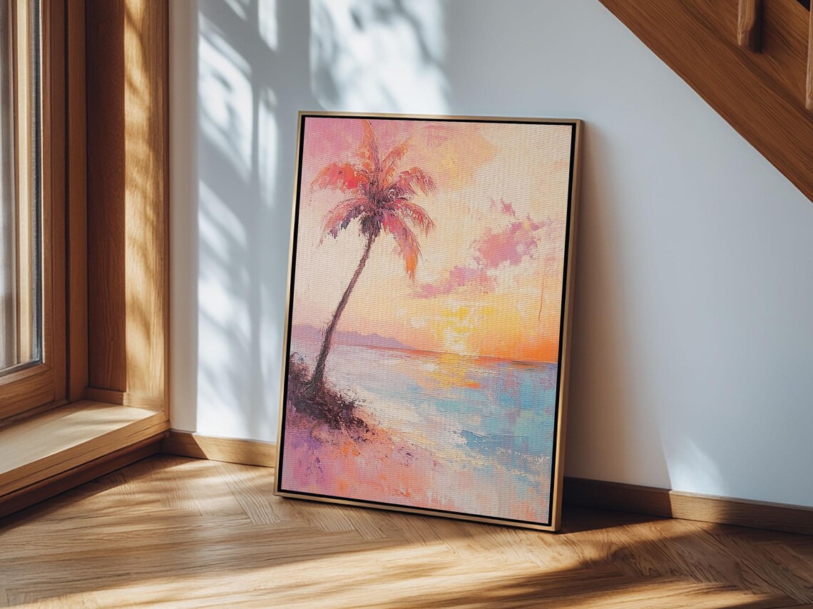 Beach Sunset Palm Tree Pastel Seascape Ocean Waves Coastal Oil Wall Art - Image 3