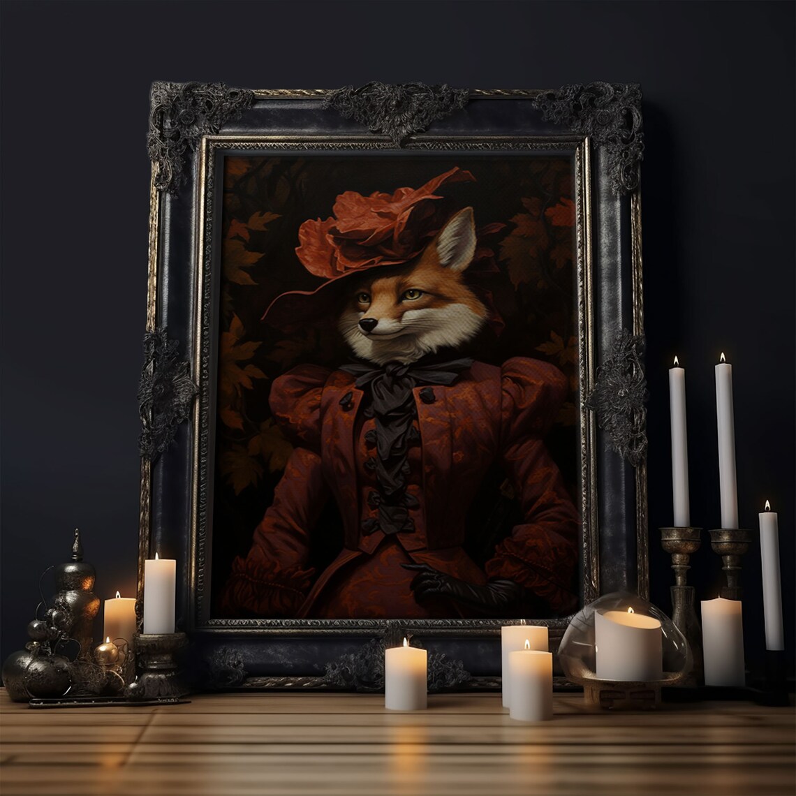 Victorian Lady Fox In Red Gown And Leaf Hat Animal Portrait Print - Image 6