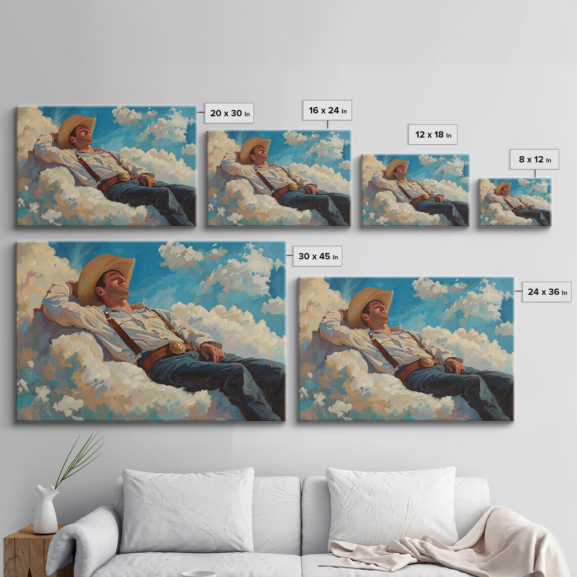Cowboy Relaxing On Clouds Bright Blue Sky Whimsical Western Poster - Image 2