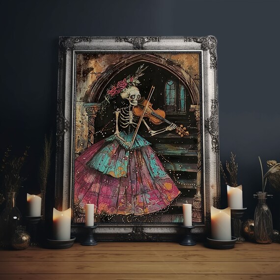 Gothic Skeleton Violinist Elegant Floral Gown Dark Archway Halloween Poster