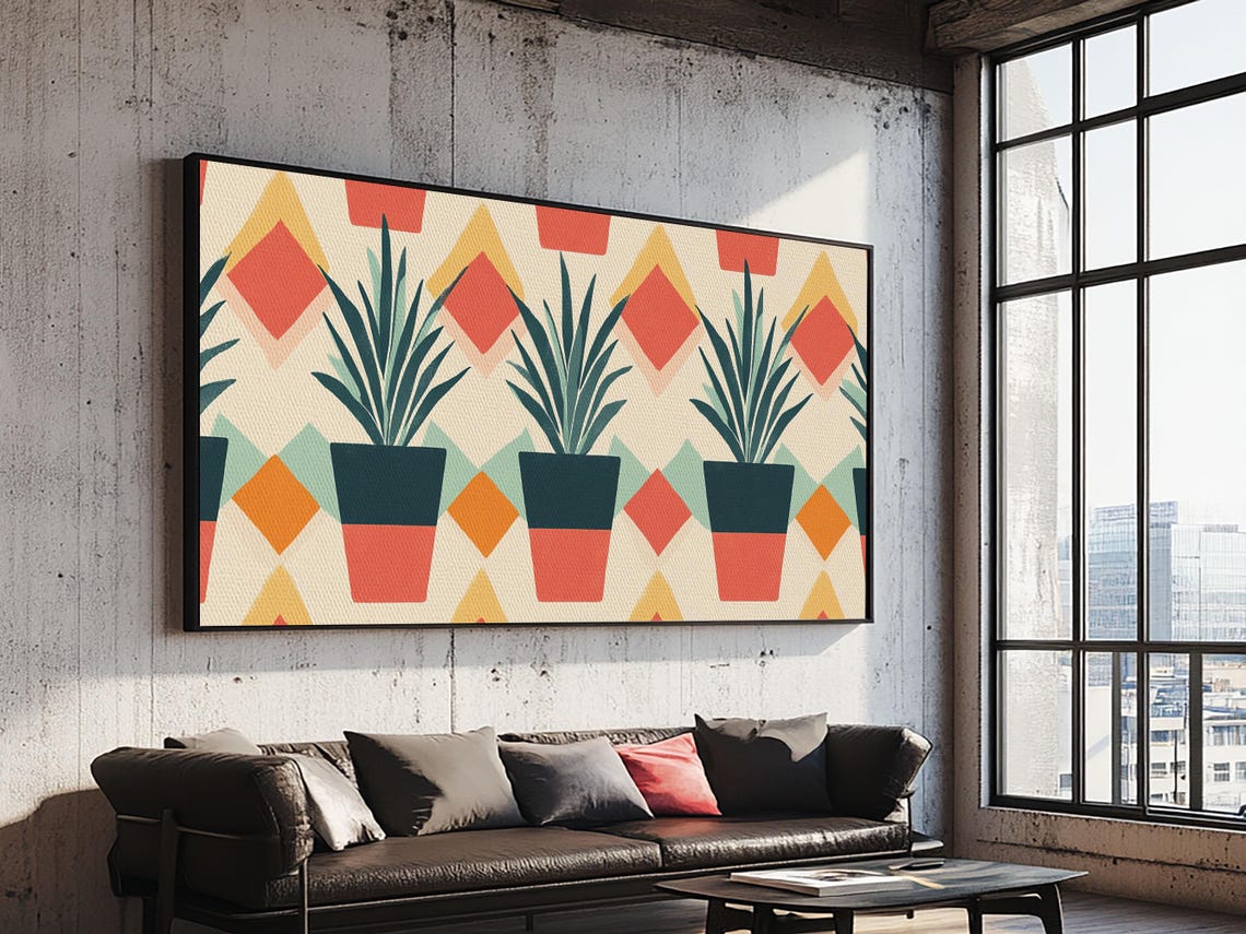 Mid Century Botanical Potted Agave Plants Geometric Pattern Print - Image 2