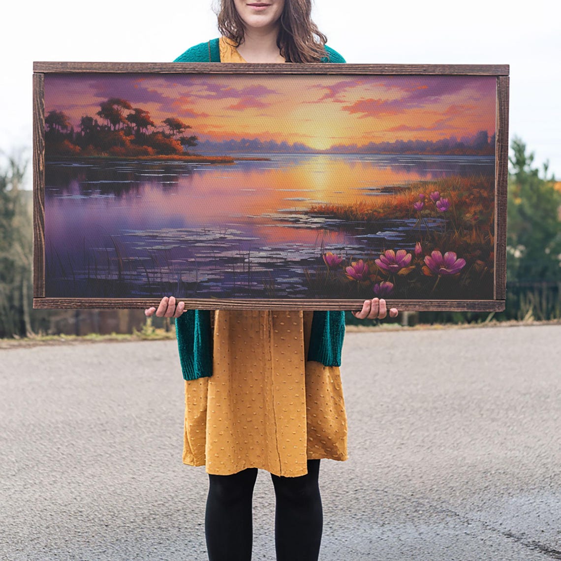 Beautiful Lake At Sunset Framed Print Landscape Oil Painting Print Lakehouse Art Lake Art Lake House Decor Nature Art