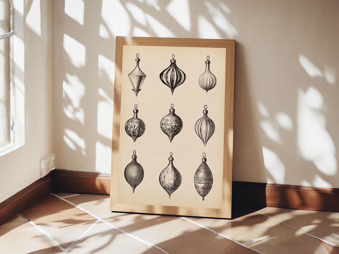Nine Vintage Glass Christmas Ornaments Sketch Holiday Wall Art Print