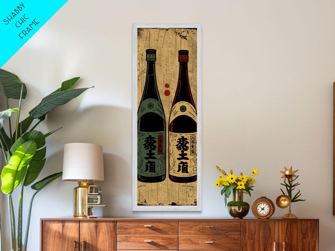 Retro Japanese Sake Bottles Pair Vintage Labels Kitchen Wall Art - Image 2