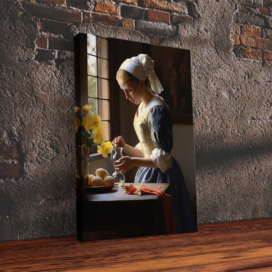 Dutch Old Master Woman Pouring at Window Yellow Flowers Kitchen Art Print - Image 3