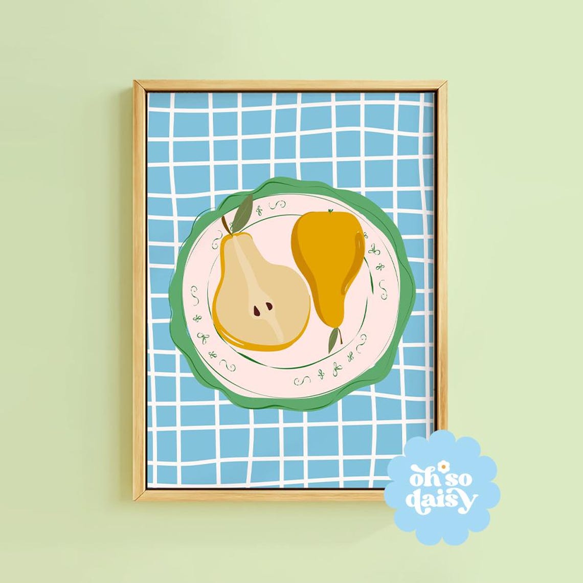 Two Pears On Vintage Wavy Plate Retro Blue Gingham Kitchen Poster