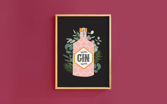 Retro Pink Gin Bottle Botanical Fizz Bar Cart Holiday Poster