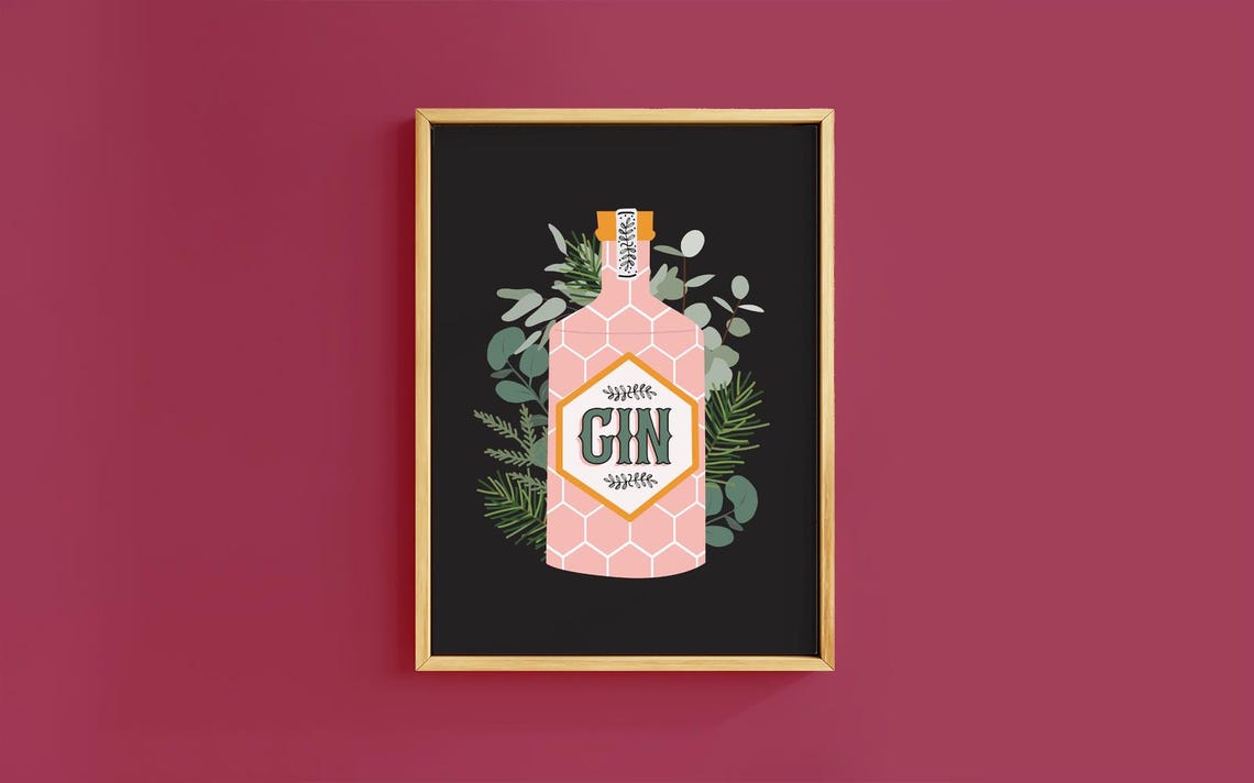 Retro Pink Gin Bottle Botanical Fizz Bar Cart Holiday Poster