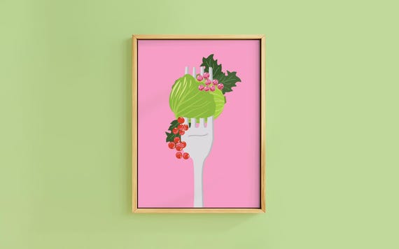 Brussel Sprout Christmas Poster Fork Art Print Unframed Eclectic Kitchen Holly Berry Mantle Xmas Bold Gallery Decor