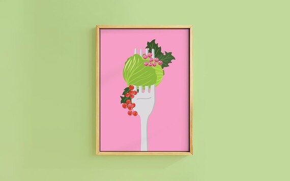 Giant Brussels Sprout On Fork Holly Berries Pink Humor Poster